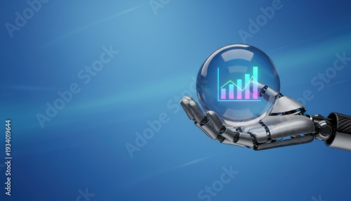 3d rendering robotic hand holding crystal ball with growing graph on blue curtain background