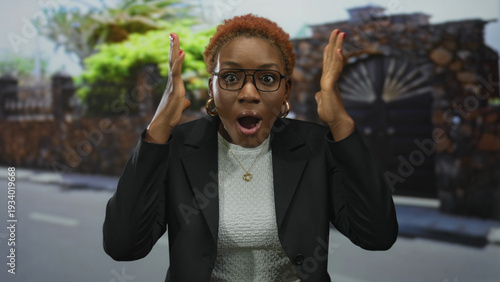 Quadro em tela Woman raising hands in street with open mouth wearing black blazer and hoop earrings; astonishment