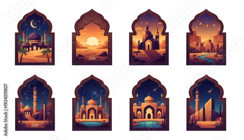 Ramadan Kareem set of arabic lanterns with mosque and mosque isolated  illustration
