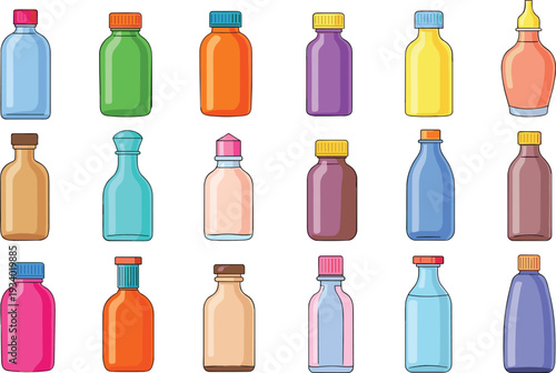 Colorful Cartoon Glass and Plastic Bottles Collection with Different Shapes Caps and Containers Vector Illustration Set