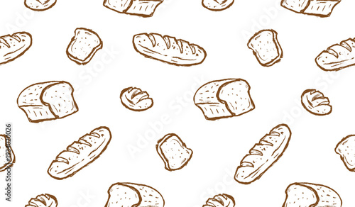 Bread hand drawn pattern. Bakery doodle background. Scribble pastry illustration seamless pattern for packaging containing loaf and baguette.