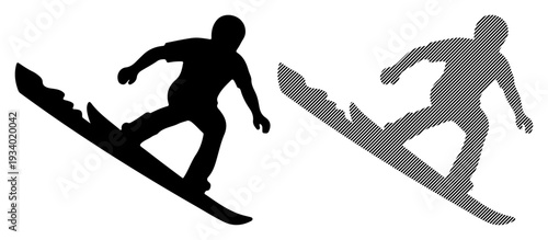 Silhouette of a snowboarder in motion against a white background, conveying speed and winter sports