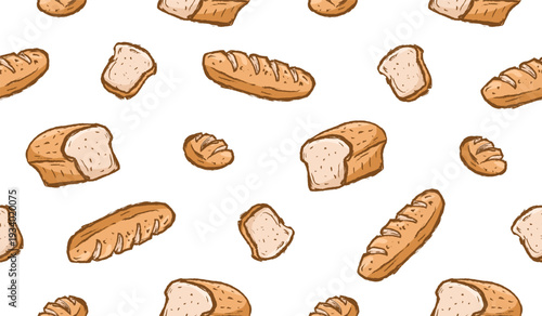 Bread hand drawn pattern. Bakery doodle background. Scribble pastry illustration seamless pattern for packaging containing loaf and baguette.