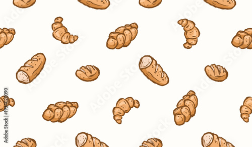 Bread hand drawn pattern. Bakery doodle background. Scribble pastry illustration seamless pattern for packaging containing croissant, brioche, baguette.