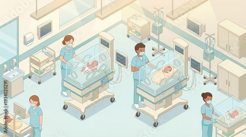 Neonatal Intensive Care Unit with Doctors and Babies Illustration
