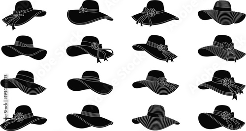 Collection of Black Silhouette Wide Brimmed Sun Hats with Decorative Ribbons and Flowers wide brim hat