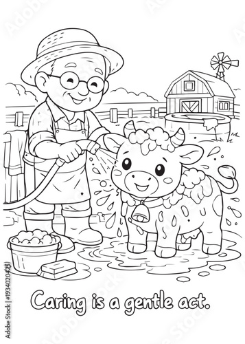 coloring book grandpa washing and caring for his cow with soft, attentive hands