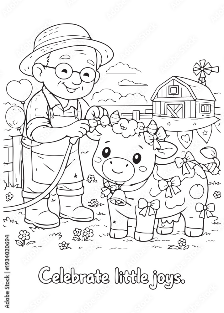 Fototapeta premium coloring book grandpa decorating the cow with a garland, celebrating small joyful moments