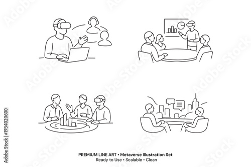 PrintPremium Metaverse One Line Art Illustration Set, VR Virtual Reality Continuous Line Icons, Futuristic Technology Minimal Vector Collection