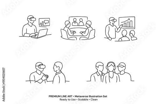 PrintPremium Metaverse One Line Art Illustration Set, VR Virtual Reality Continuous Line Icons, Futuristic Technology Minimal Vector Collection