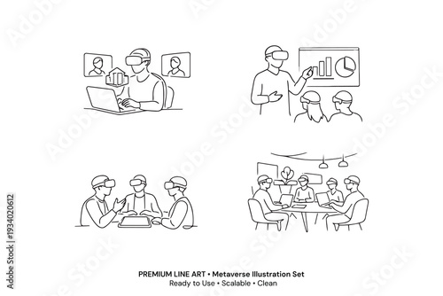 PrintPremium Metaverse One Line Art Illustration Set, VR Virtual Reality Continuous Line Icons, Futuristic Technology Minimal Vector Collection