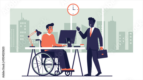 nclusive Modern Office Environment - Diverse Professional Team with Wheelchair User and Colleague Collaboration Vector Illustration
