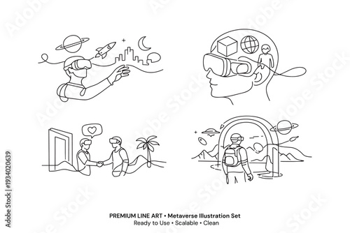 PrintPremium Metaverse One Line Art Illustration Set, VR Virtual Reality Continuous Line Icons, Futuristic Technology Minimal Vector Collection