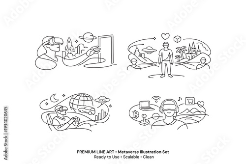 PrintPremium Metaverse One Line Art Illustration Set, VR Virtual Reality Continuous Line Icons, Futuristic Technology Minimal Vector Collection