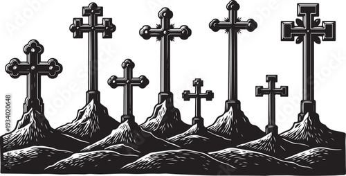 Seven crosses on hills in black and white illustration