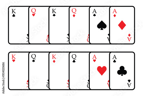 Classic Deck of Cards Hearts Spades Diamonds Clubs. Playing Cards Set with Kings, Queens, and Aces