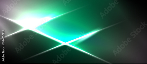 Bright green light flares, radiating from center. Silver lines intersect creating starburst effect. Dark background contrasts vivid glow.