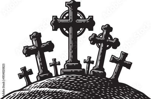 Celtic Crosses on a Hilltop Graveyard Illustration Artwork