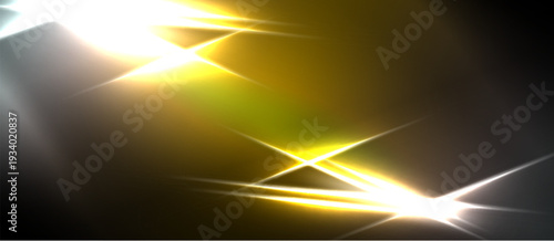 Abstract light flares dominate dark background. Bright yellow, white streaks create dynamic visual effect. Energy radiates from central points.