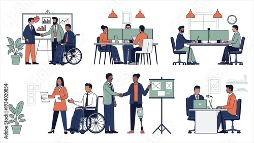  Inclusive Modern Workplace and Diverse Corporate Team Set - Disabled Professionals, Team Collaboration, and Accessible Office Vector Illustration.
