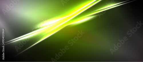 Abstract energy lines intersect, creating bright glow against dark background. Vivid green, yellow hues dominate composition. Dynamic visual effect.