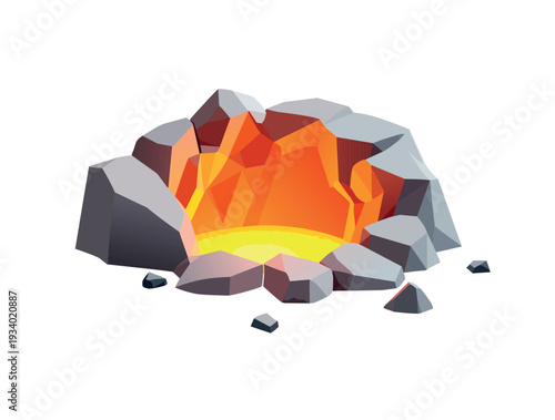 vector hole in the ground with glowing orange light- cracked surface with angular fragments on neutral background