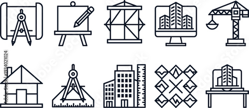 Construction and architecture line icons set, blueprint tools building design engineering symbols modern outline vector illustration collection