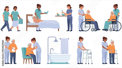 Professional Elderly Care and Nursing Illustration Set - Senior Home Care, Assisted Living, and Medical Support Vector Scenes