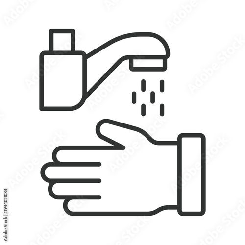Hand washing under tap icon in line design. faucet water wash hygiene clean sanitation health on white background vector. Hand washing editable stroke icon