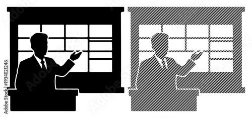 Businessman presenting ideas in front of a grid window