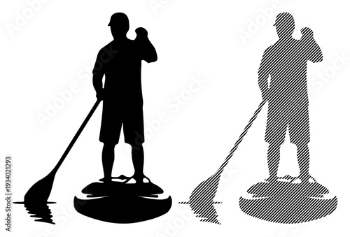 Silhouette of a man paddleboarding on water with a paddle, seen from the front.