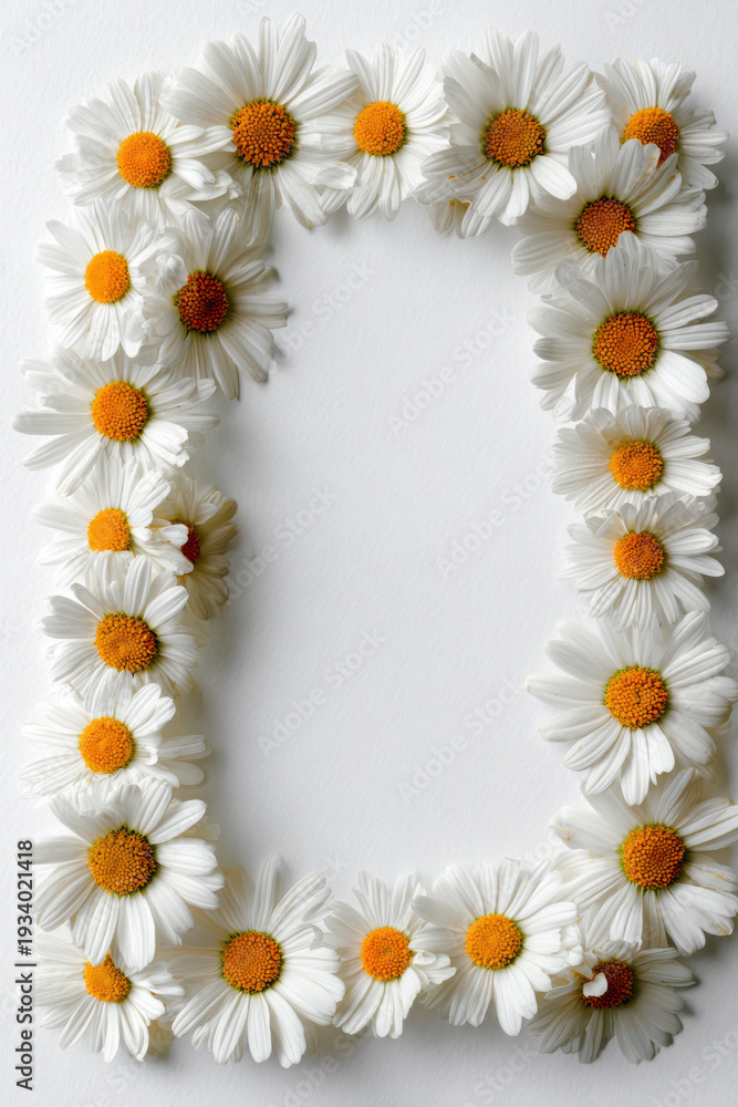 Fototapeta premium White daisy floral border frame with fresh chamomile flowers arranged around clean background and copy space for spring greeting