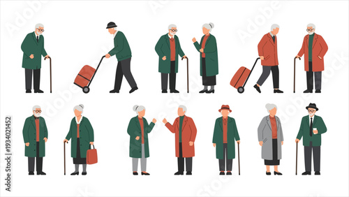 Active Senior Citizen Lifestyle Illustration Set - Elderly People Walking, Shopping, and Socializing Vector Characters.