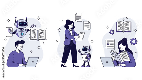 AI Education and Smart Learning Assistant Illustration Set - Online Tutoring, Automated Document Processing, and Digital Study Vector Concepts.