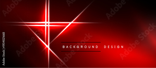 Red neon lines intersect, creating dynamic abstract background. Dark shades dominate, highlighting bright glowing effects. Minimalist design elements present.