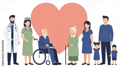 Diverse Healthcare Team and Community Support Illustration - Doctors, Nurses, Seniors, and Families with Heart Symbol Vector