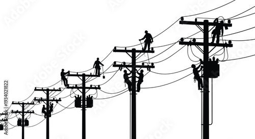 Electrical Line Workers Silhouette on Utility Poles Performing Power Maintenance and Repair on High Voltage Transmission Lines Isolated on White Background