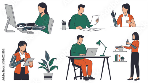 Diverse Professionals with Prosthetics in Modern Office - Inclusive Workplace, Accessible Technology, and Career Equality Vector Character Set