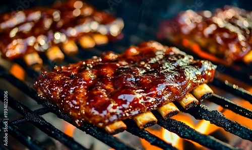 Close Up of Barbecue Ribs Grilling with Flames and Glazed Sauce
