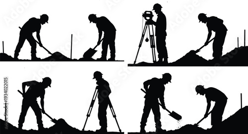 Construction worker silhouettes set, laborers digging and surveying at building site industrial vector illustration collection