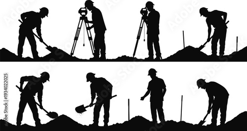 Construction worker silhouettes collection, builders digging and surveying at excavation site industrial vector illustration set