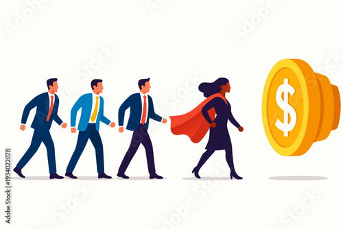 Superhero businesswoman leading team towards gold coin dollar symbol, financial success vector illustration