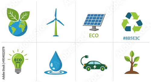 Set of 8 Green Energy and Ecology Icons Vector isolated on White Background