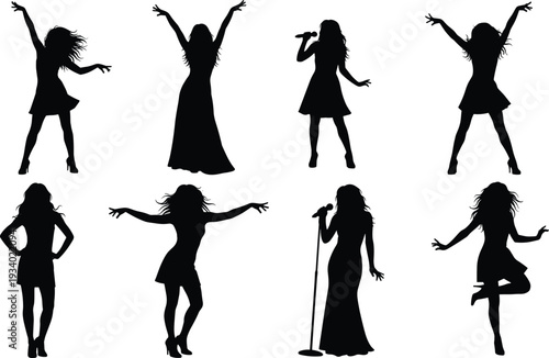 Female Singer and Dancer Silhouette Collection with Microphone in Various Performance Poses Isolated on White Background for Music, Concert and Entertainment Design Projects