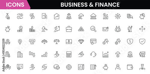 Business and Finance line icons collection. Big UI icon set in a flat design. Thin outline icons pack. Vector illustration