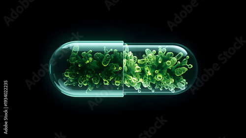 Microscopic view of probiotic bacteria inside a transparent capsule for medicine and healthcare.