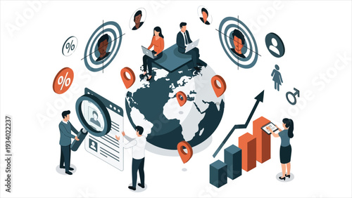Global Market Research and Target Audience Analytics Illustration - Diverse Demographics, Data Visualization, and Consumer Insights Vector Scene.