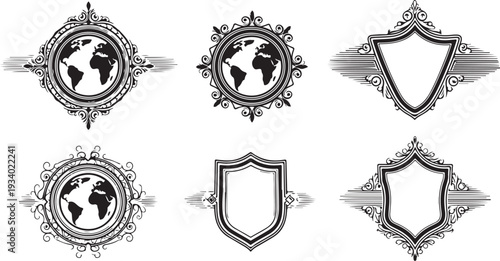 Vintage Badges and Shields with Globe Emblems Collection