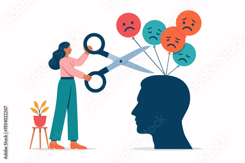Woman cutting sad balloons from head, symbolizing mental health relief.