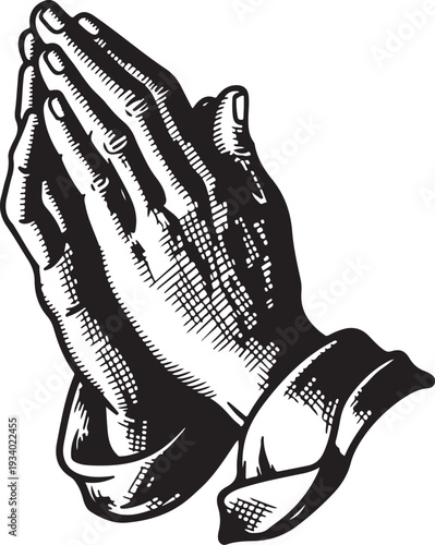 Praying hands in black and white illustration style